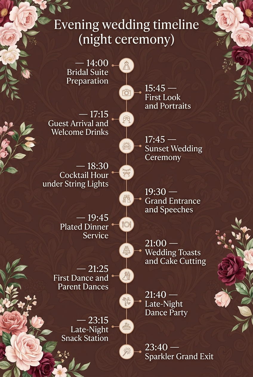 Evening Wedding Timeline (Night Ceremony) Schedule Guide — visual timeline