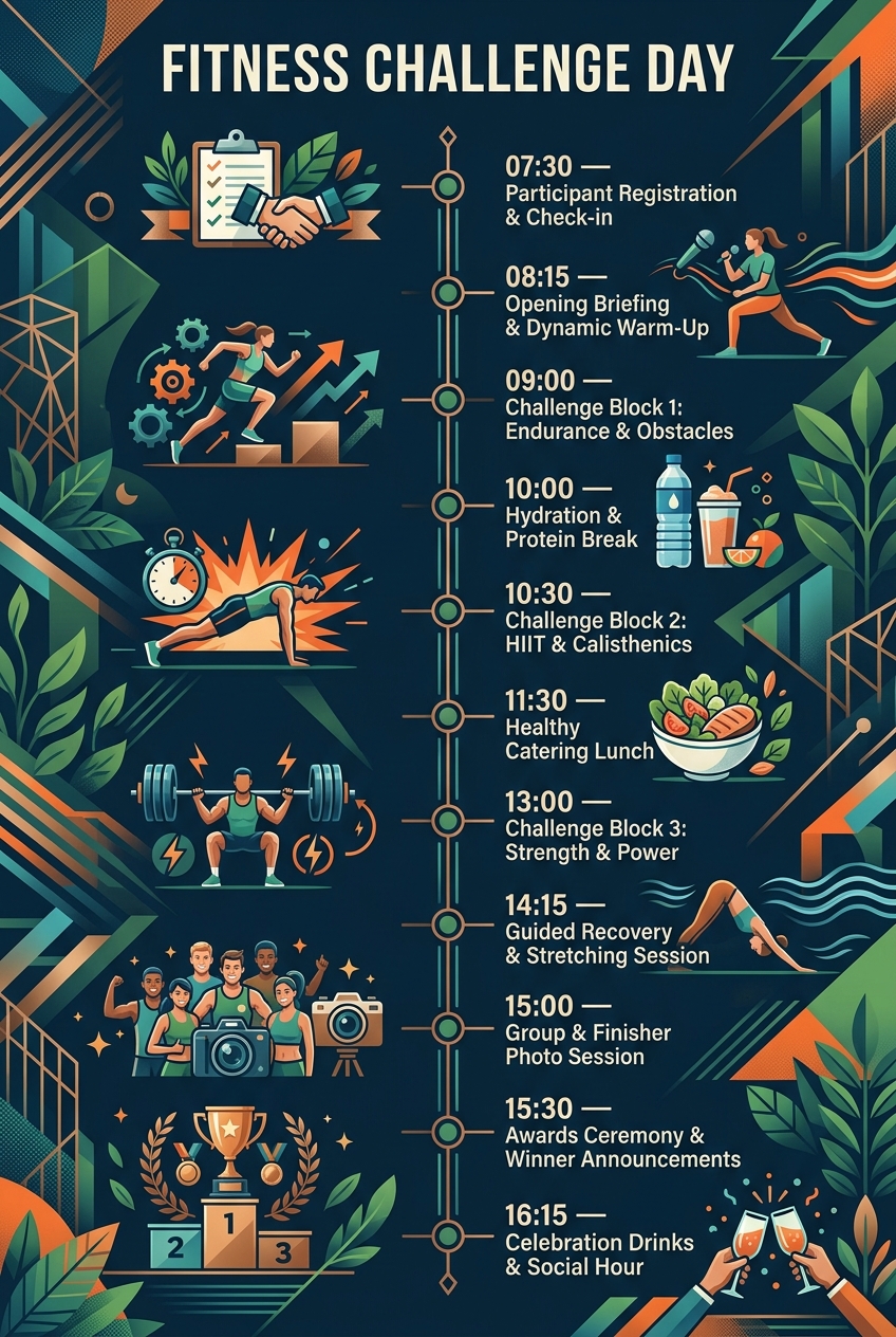 Fitness Challenge Day Timeline (Free Agenda & Schedule) — visual timeline