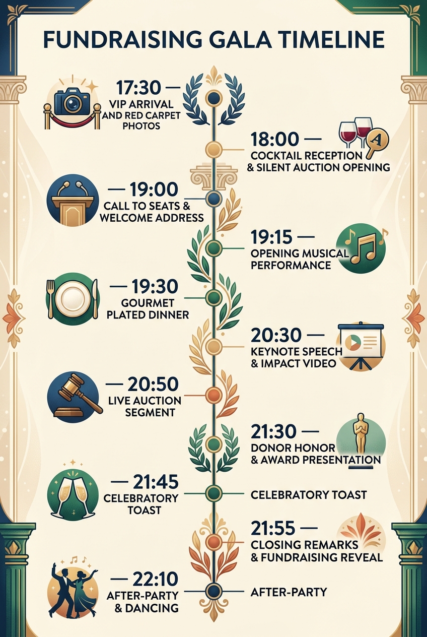 Fundraising Gala Timeline Template & Running Order — visual timeline