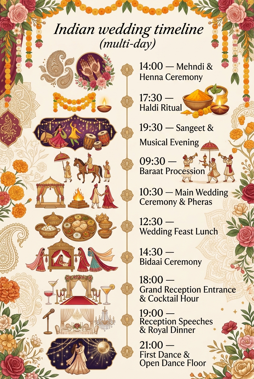 Indian Wedding Timeline (Multi-Day): Schedule Guide — visual timeline
