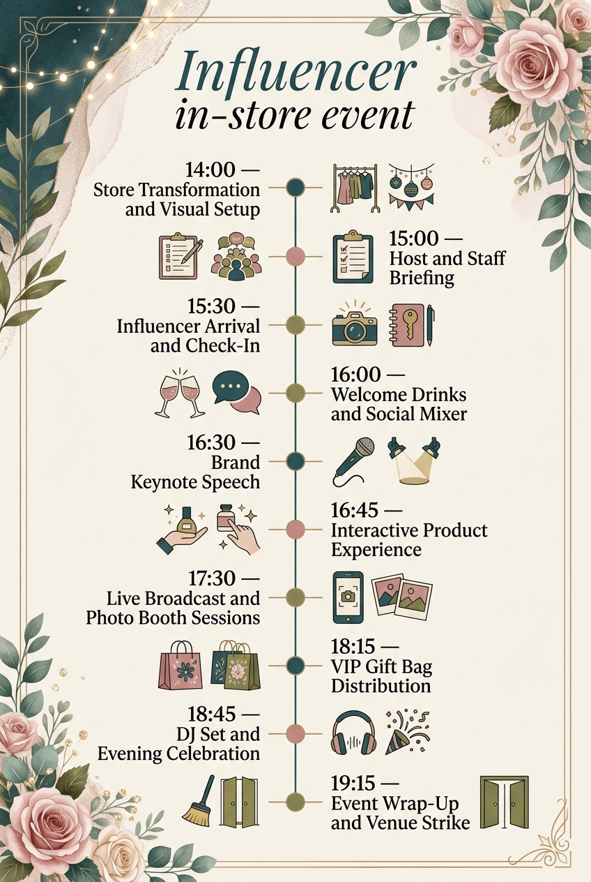 Influencer In-Store Event Timeline: Free Run of Show — visual timeline