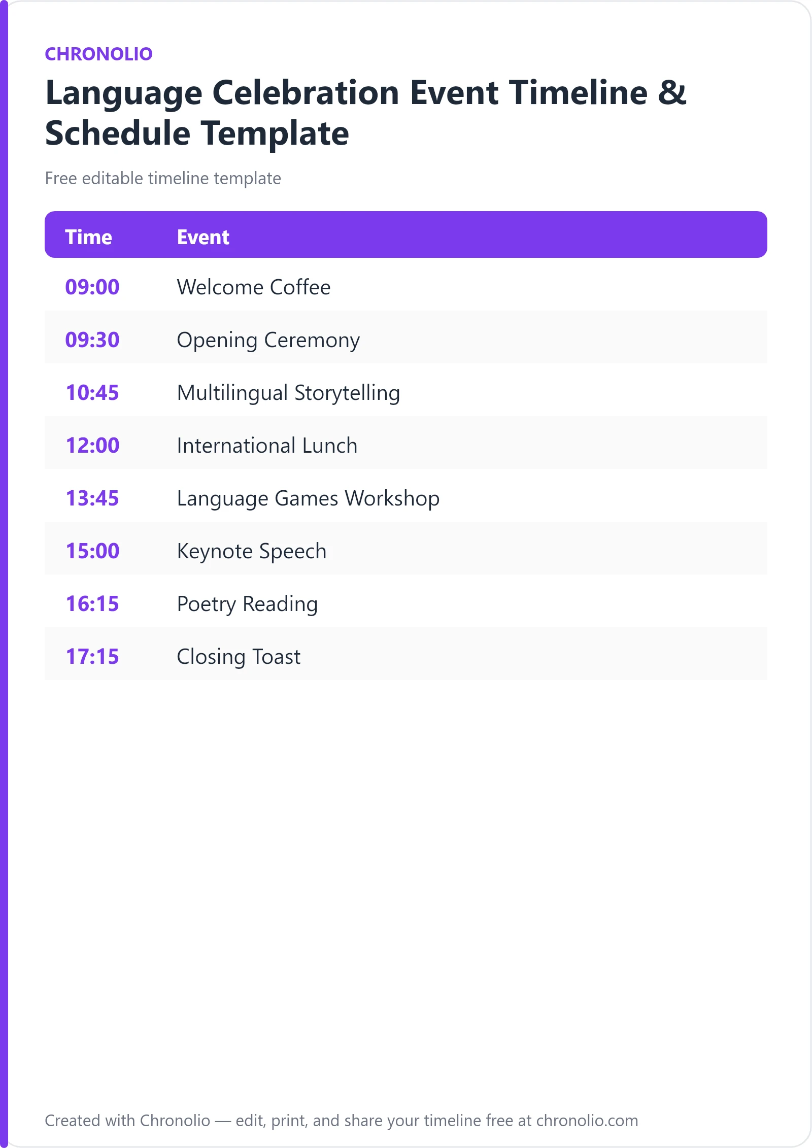 Language Celebration Event Timeline & Schedule Template — printable schedule template