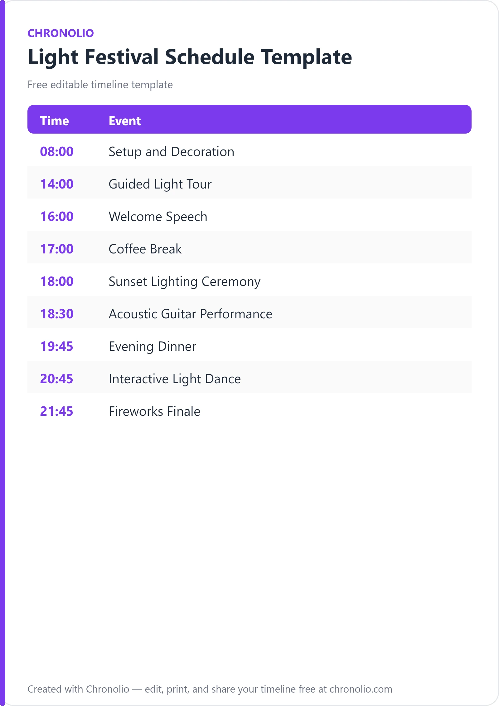 Light Festival Schedule Template — printable schedule template