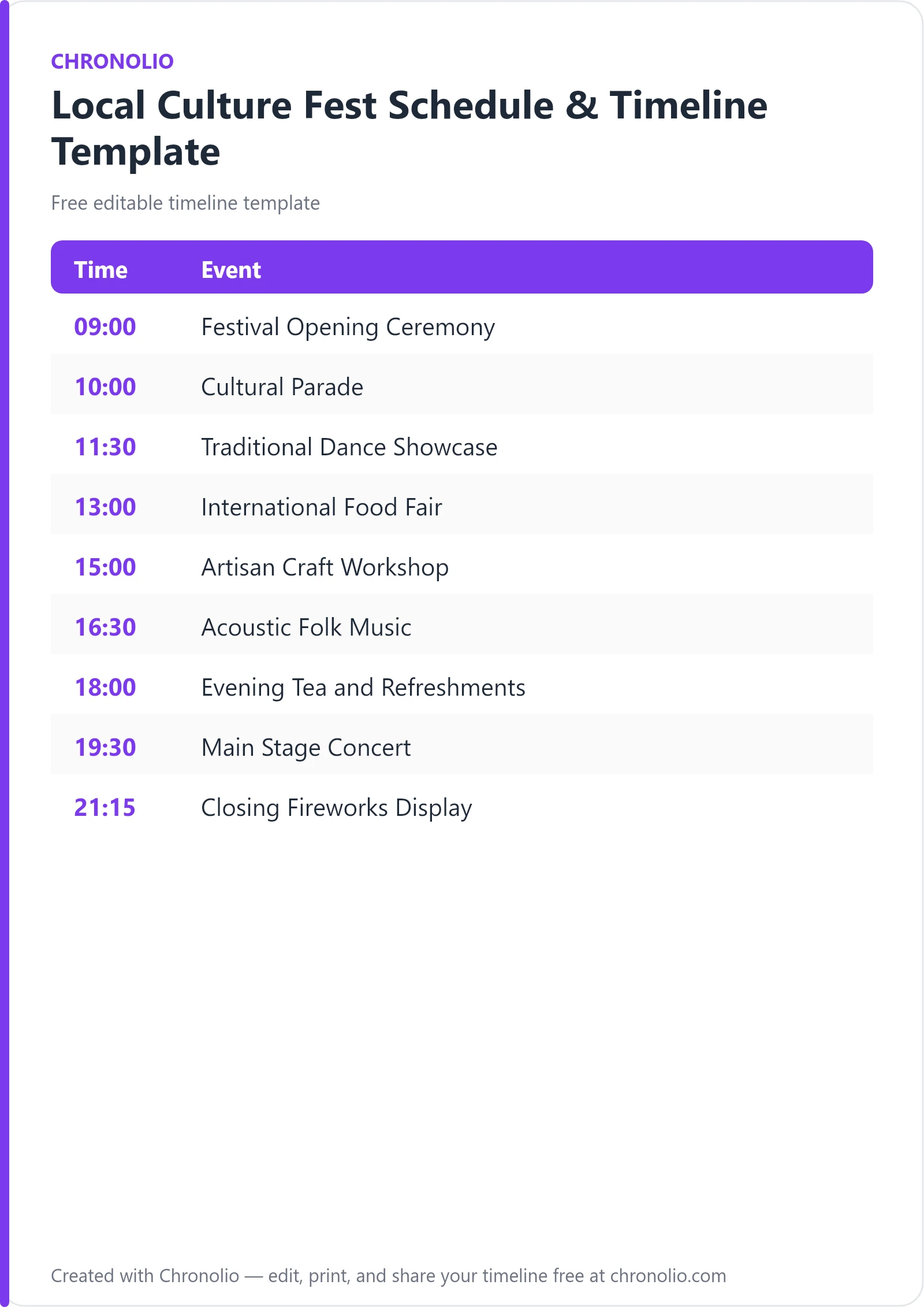 Local Culture Fest Schedule & Timeline Template — printable schedule template
