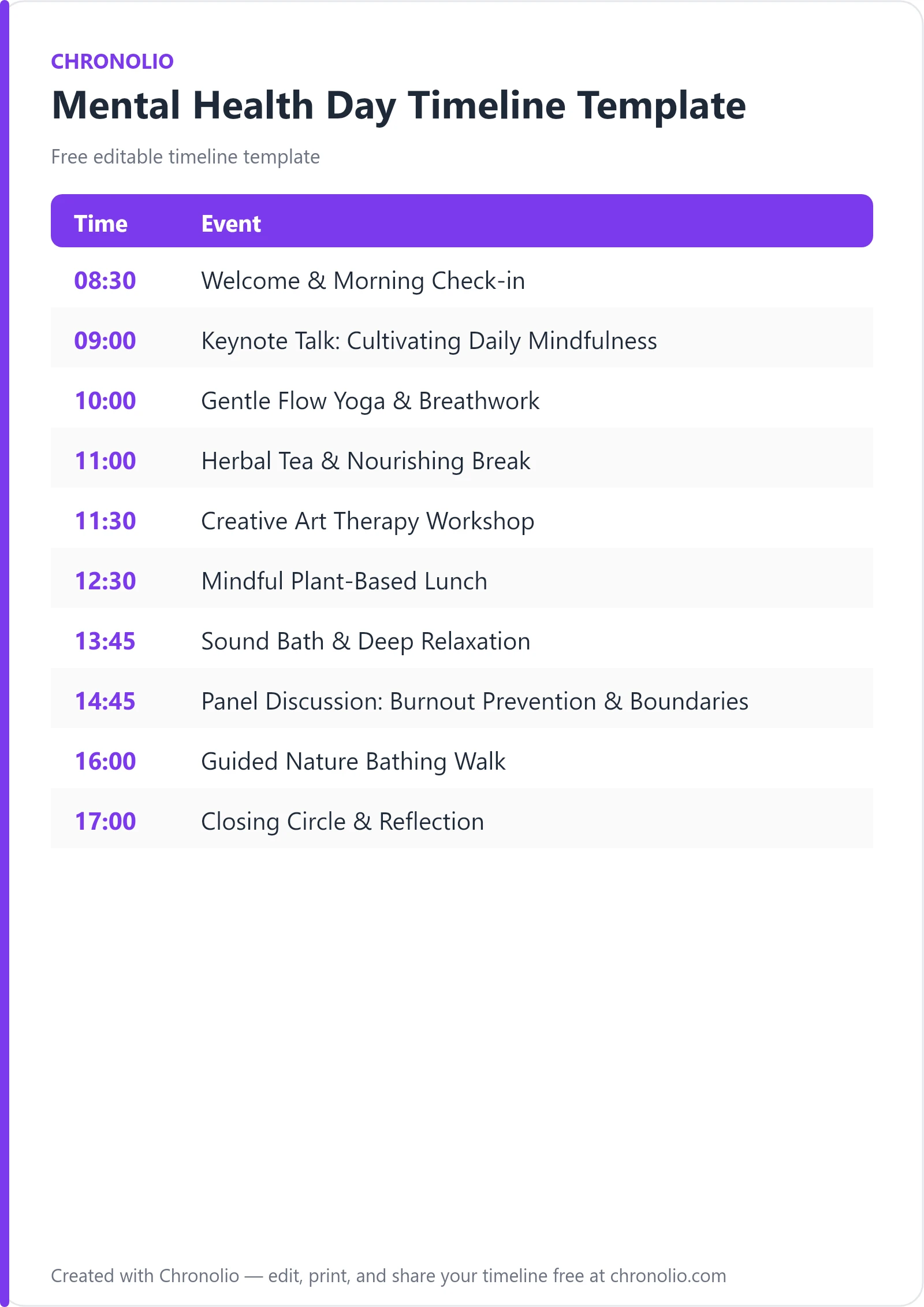 Mental Health Day Timeline Template (Free Agenda & Guide) — printable schedule template