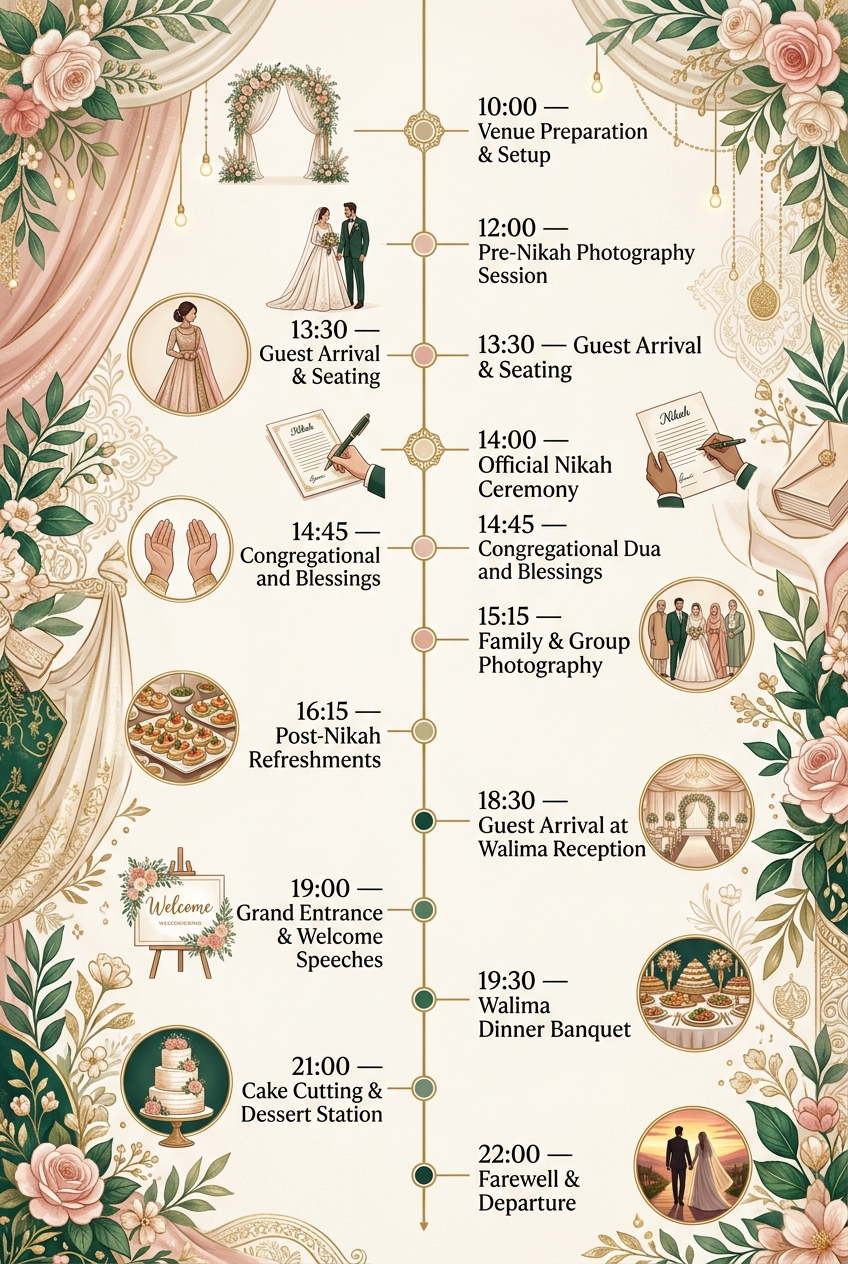 Muslim Wedding Timeline (Nikah): Free Schedule & Guide — visual timeline