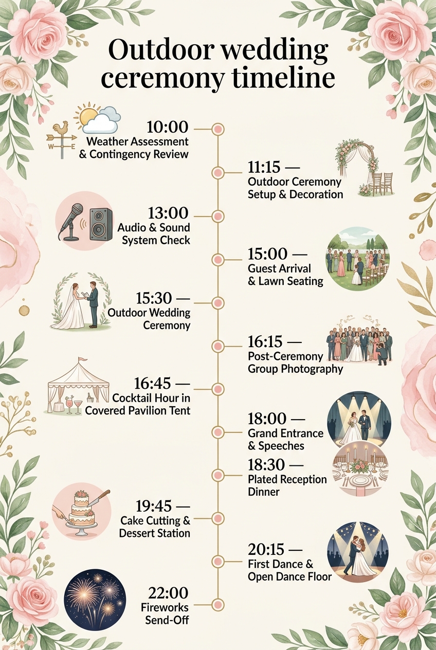 Outdoor Wedding Ceremony Timeline (Free Schedule & Guide) — visual timeline
