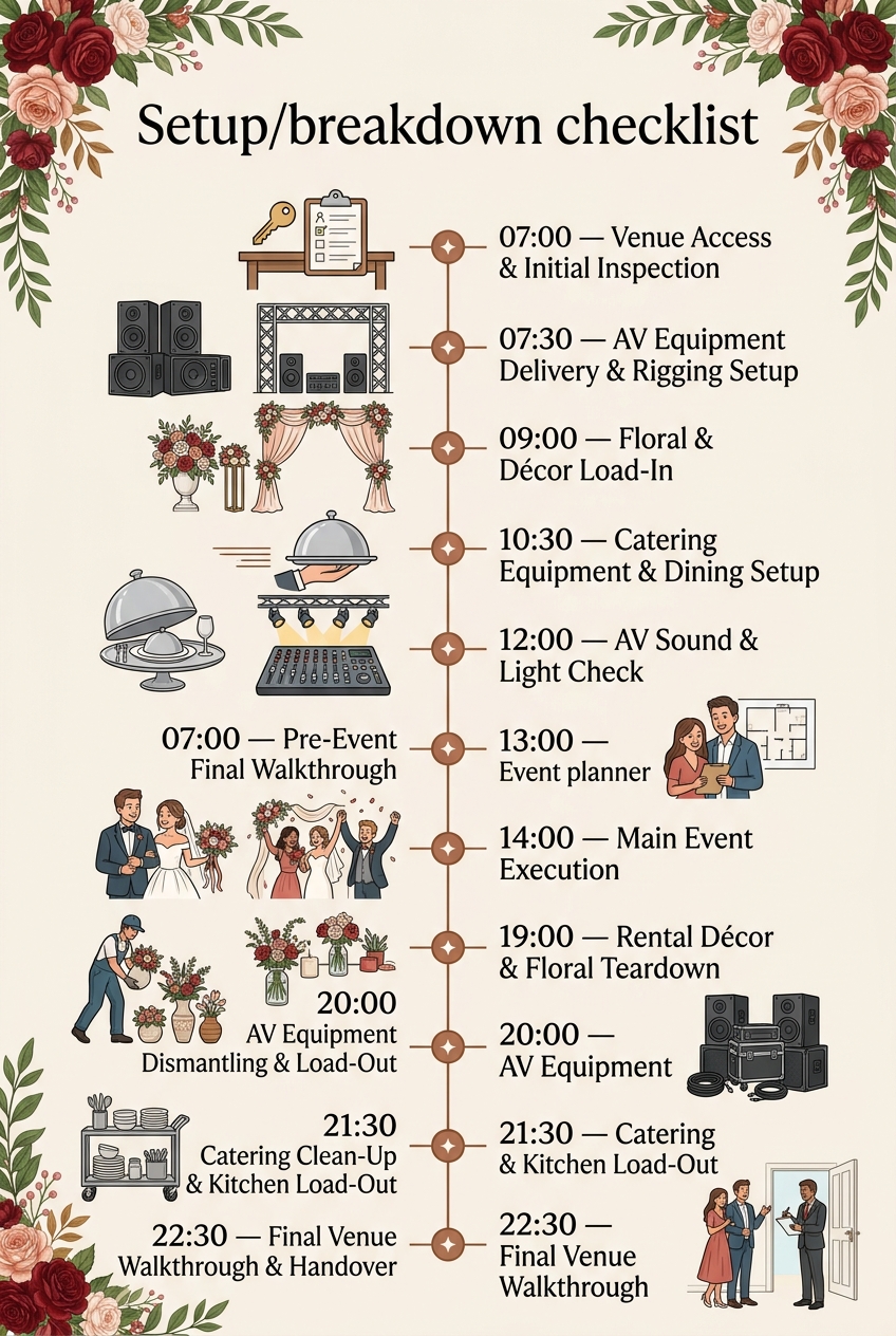 Setup/Breakdown Checklist: Event Load-In & Teardown Schedule — visual timeline