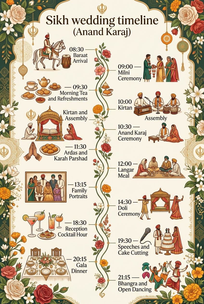 Sikh Wedding Timeline (Anand Karaj): Complete Guide — visual timeline