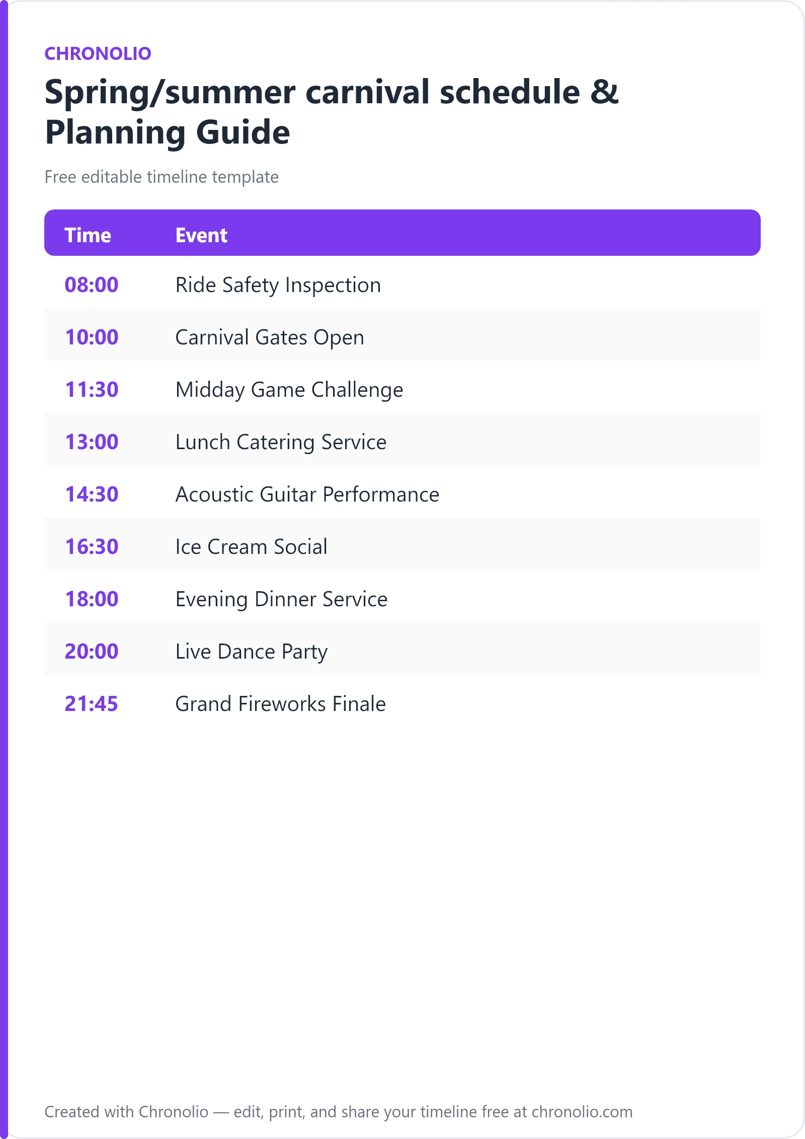 Spring/summer carnival schedule & Planning Guide — printable schedule template