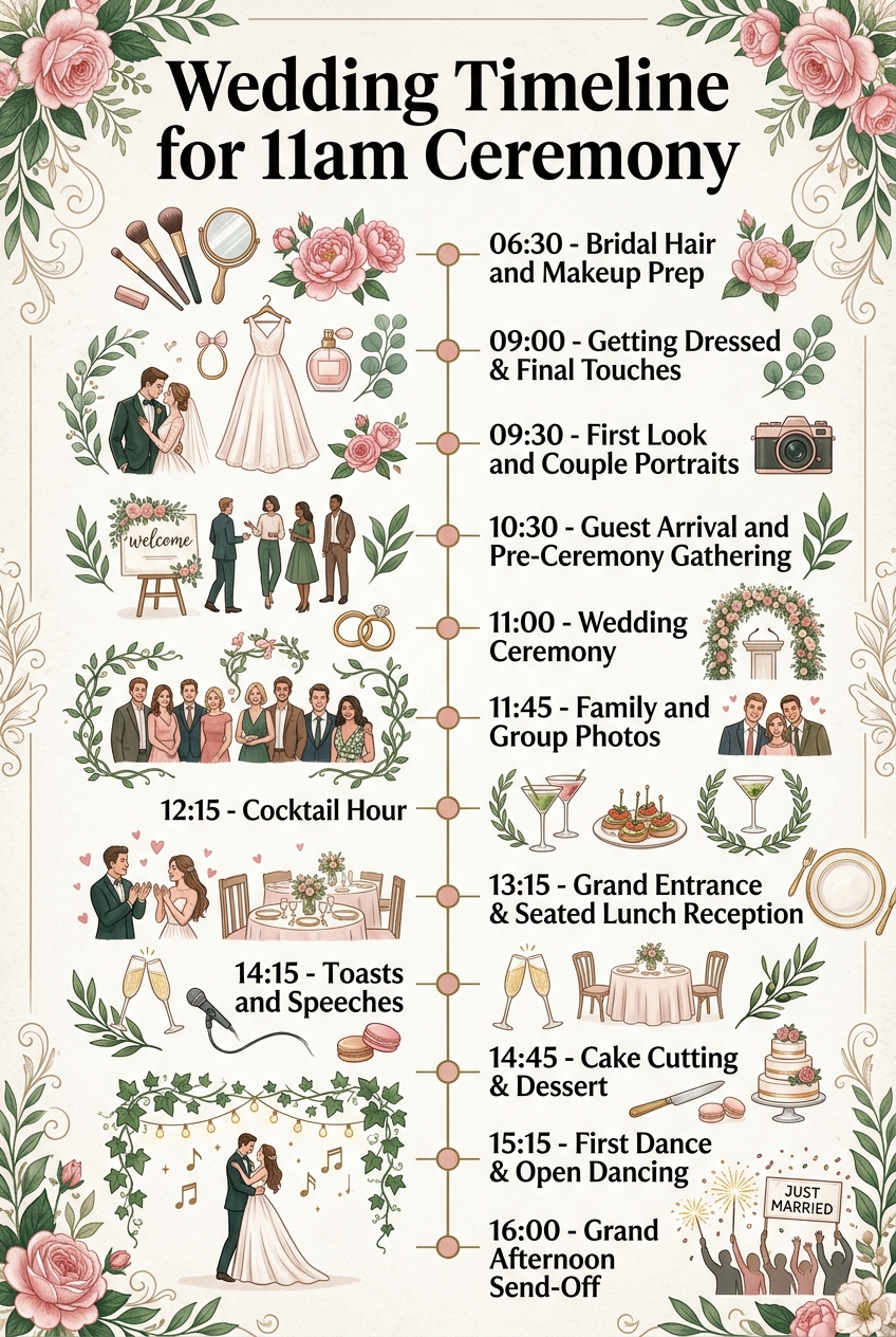Wedding Timeline for 11am Ceremony: Complete Guide — visual timeline
