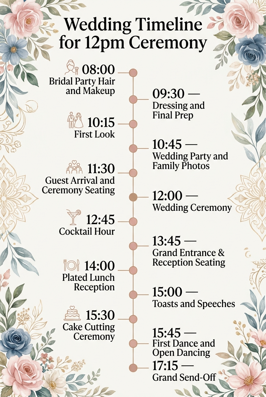 Wedding Timeline for 12pm Ceremony: Complete Schedule — visual timeline