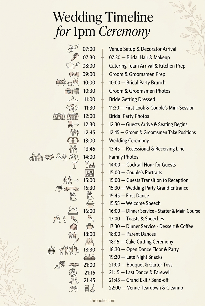 Wedding Timeline for 1pm Ceremony: Full Schedule Template — visual timeline