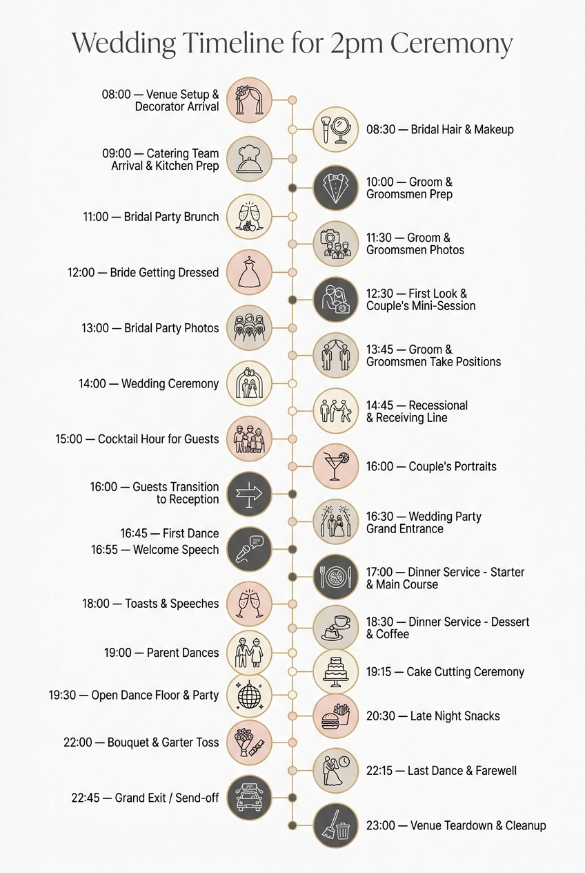 Wedding Timeline for 2pm Ceremony: A Proven Hourly Guide — visual timeline