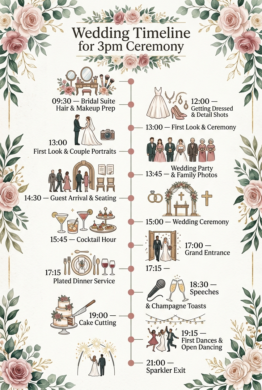 Wedding Timeline for 3pm Ceremony (Free Schedule Template) — visual timeline