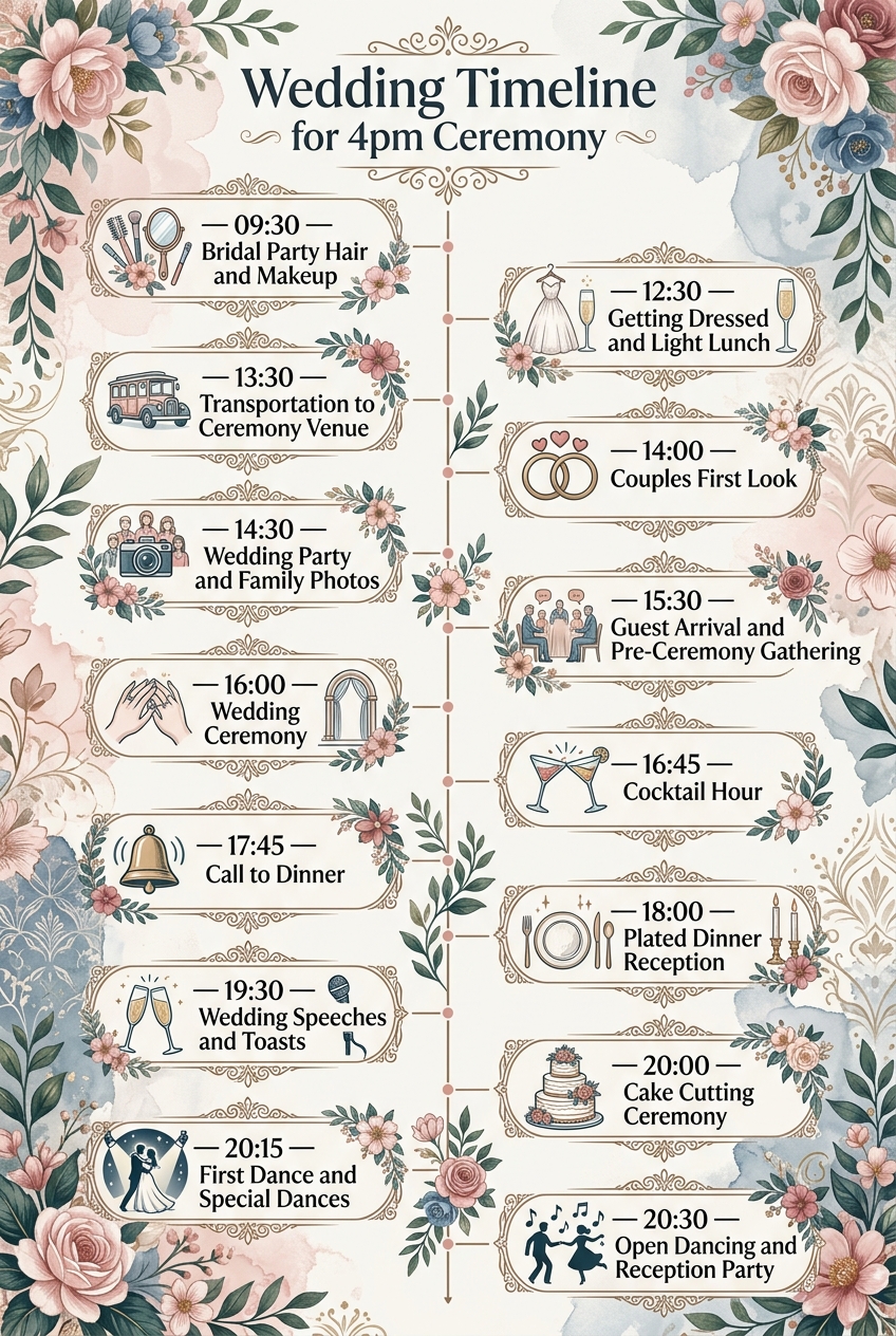 Wedding Timeline for 4pm Ceremony (Free Schedule) — visual timeline