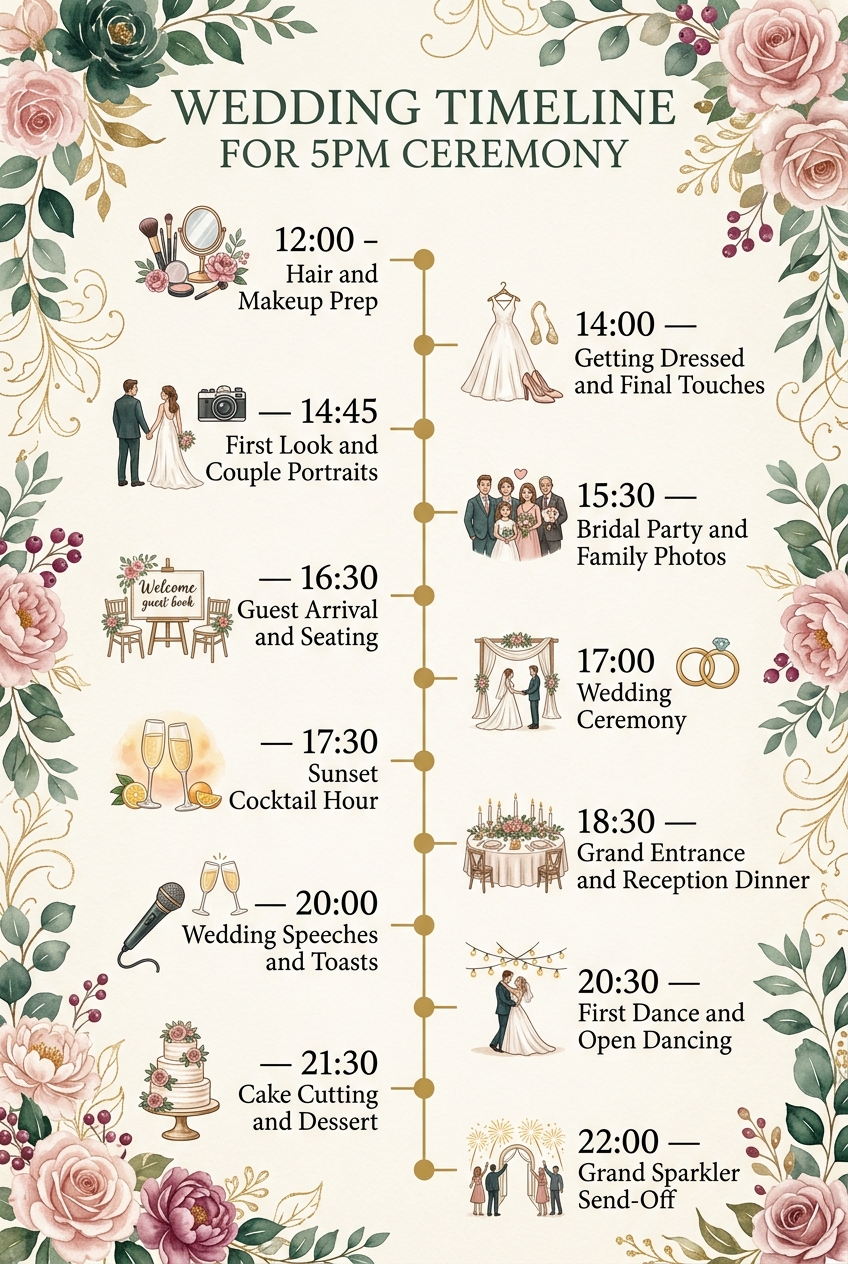 Wedding Timeline for 5pm Ceremony (Free Schedule) — visual timeline
