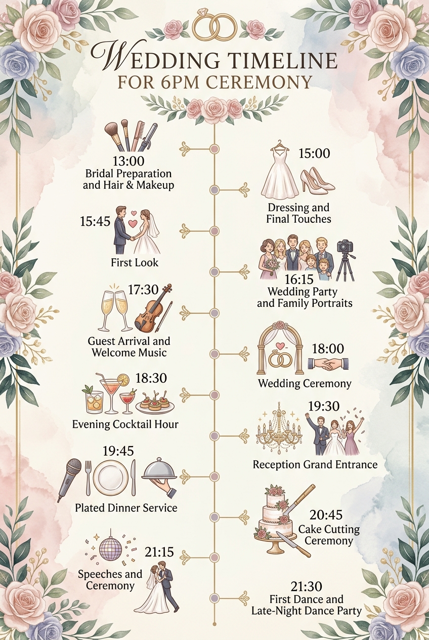 Wedding Timeline for 6pm Ceremony (Free Schedule) — visual timeline