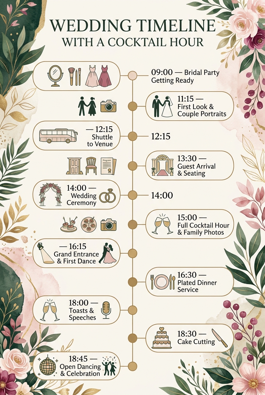 Wedding Timeline with a Cocktail Hour (Free Schedule) — visual timeline
