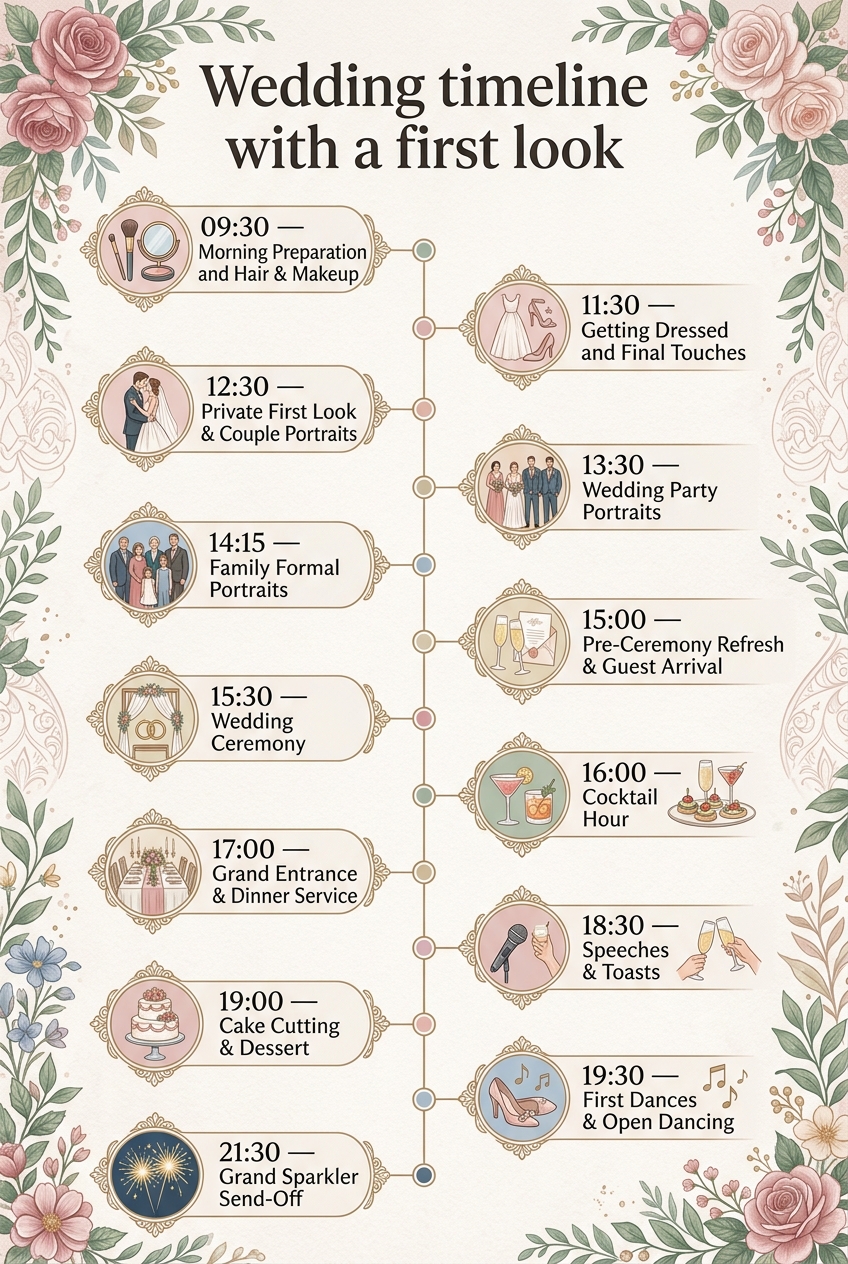 Wedding Timeline with a First Look (Free Schedule & Guide) — visual timeline