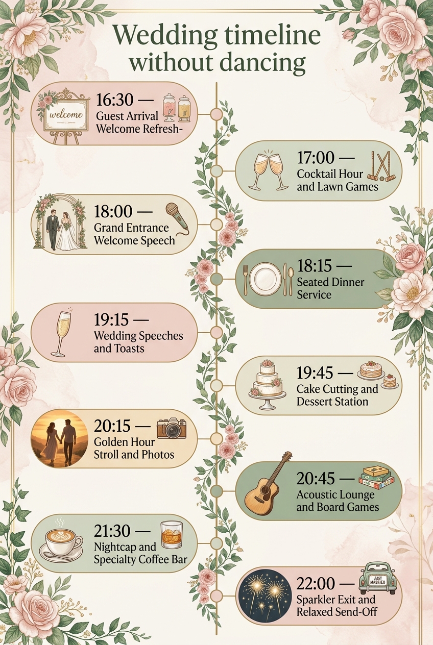 Wedding Timeline Without Dancing: Schedule & Guide — visual timeline