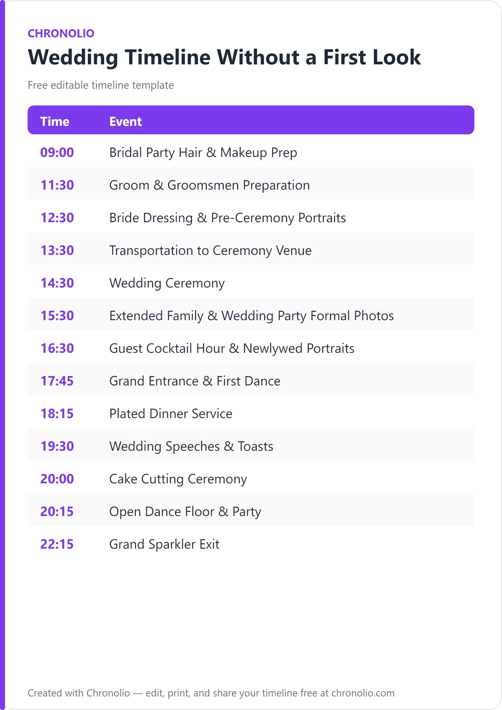 Wedding Timeline Without a First Look (Free Schedule) — printable schedule template