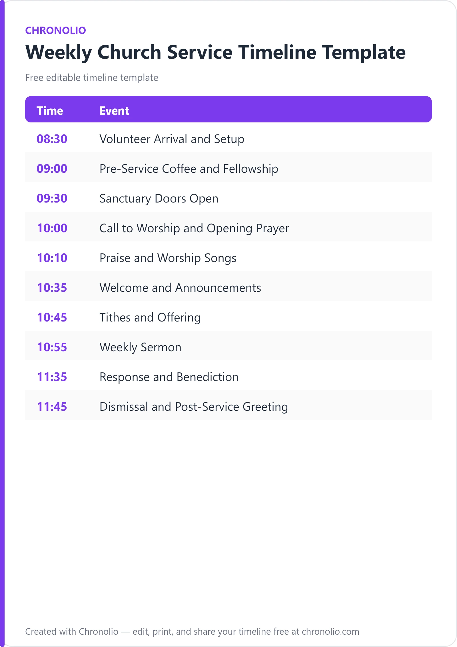 Weekly Church Service Timeline Template (Free Schedule) — printable schedule template