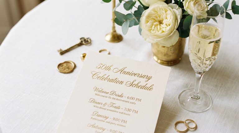 Elegant anniversary party schedule on a white linen table with champagne and white roses for a milestone celebration.