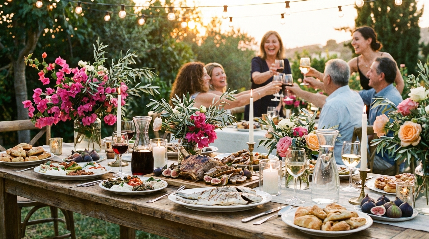 Festive outdoor dinner party table set for a traditional Name Day Celebration Timeline event with family and friends.