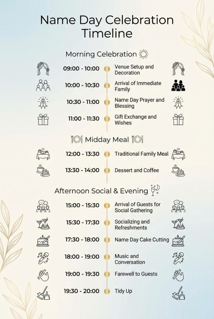 A beautifully set dining table with flowers and a cake for a traditional name day celebration and social gathering.