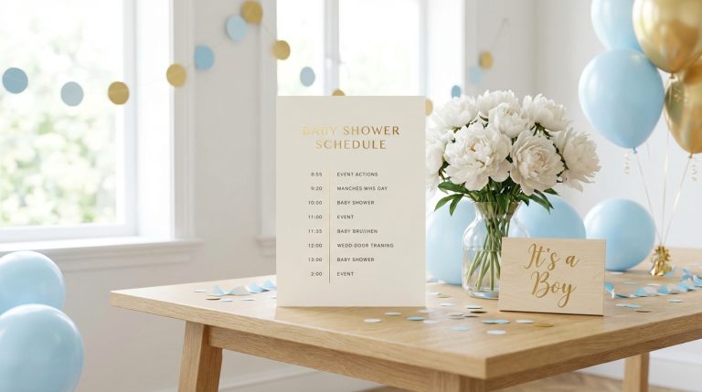Elegant baby shower timeline card on a decorated table with floral centerpieces and pastel blue decorations.