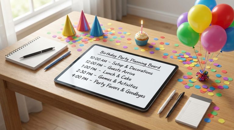 A colorful birthday party timeline on a digital tablet surrounded by festive decorations like hats and confetti.