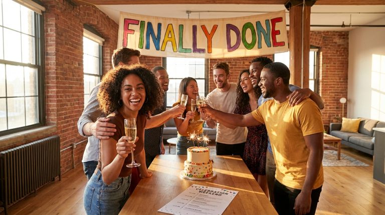 Friends celebrating a new beginning with a divorce party schedule and empowering decorations in a modern home.