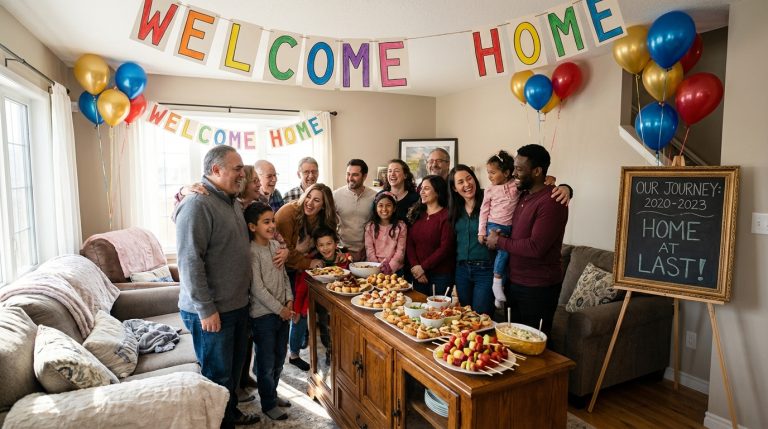 Happy family celebrating in a decorated living room with a welcome home party timeline on a chalkboard